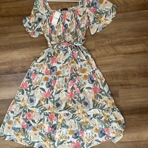 Short sleeve smocked dress with tie belt